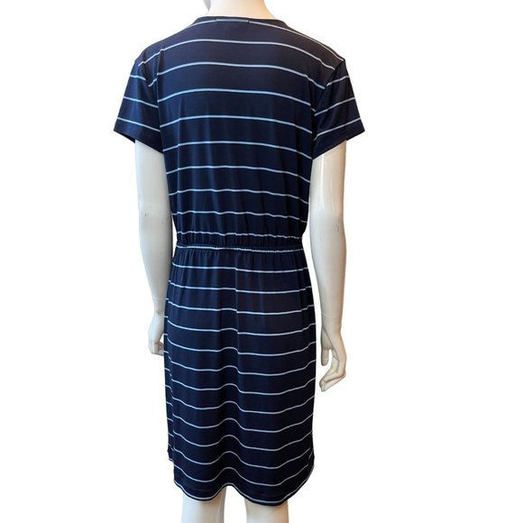 Banana Republic Women Stripe Faux Wrap Midi Dress V Neck Cap Sleeve Blue White M - Picture 3 of 8